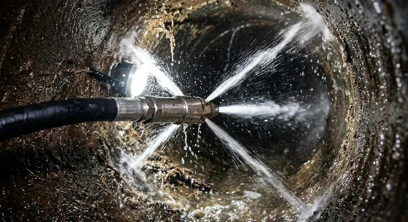 High-pressure hydro jetting nozzle cleaning sewer pipe for Emergency Drain Service in District Heights