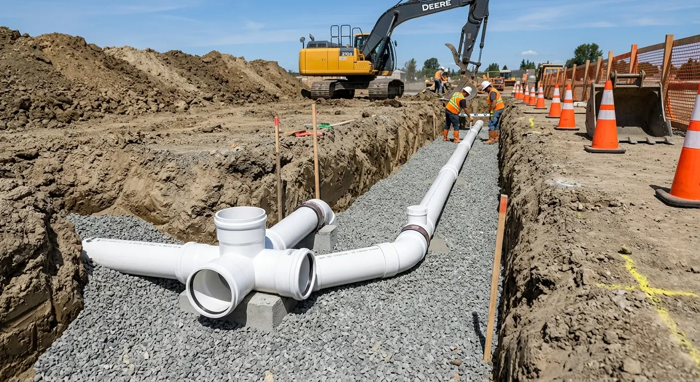 New PVC sewer pipe installation in open trench for Commercial Drain Cleaning in District Heights